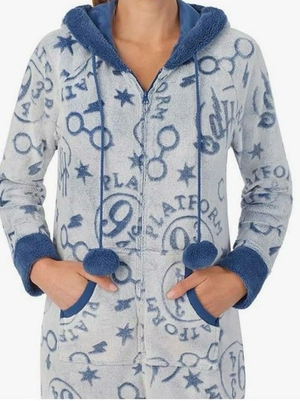 NWOT - Harry Potter HOGWARTS Blue Hooded Fleece Pajamas with Pom Drawstrings